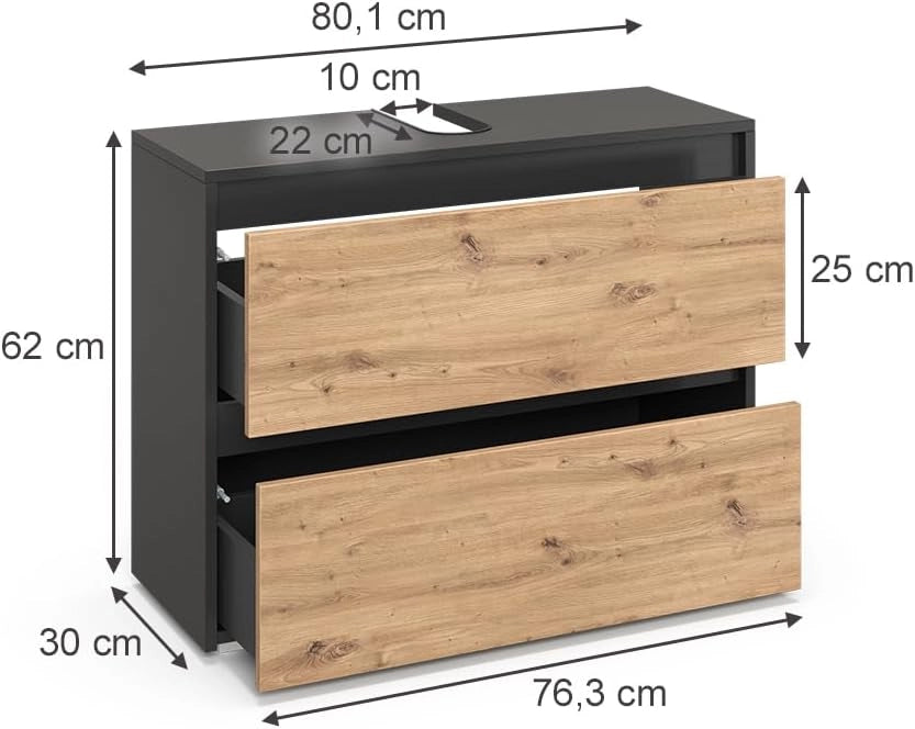 Mobile sottolavabo per bagno Majest, Antracite/Artisan, 80.1 x 62 cm con 2 cassetti