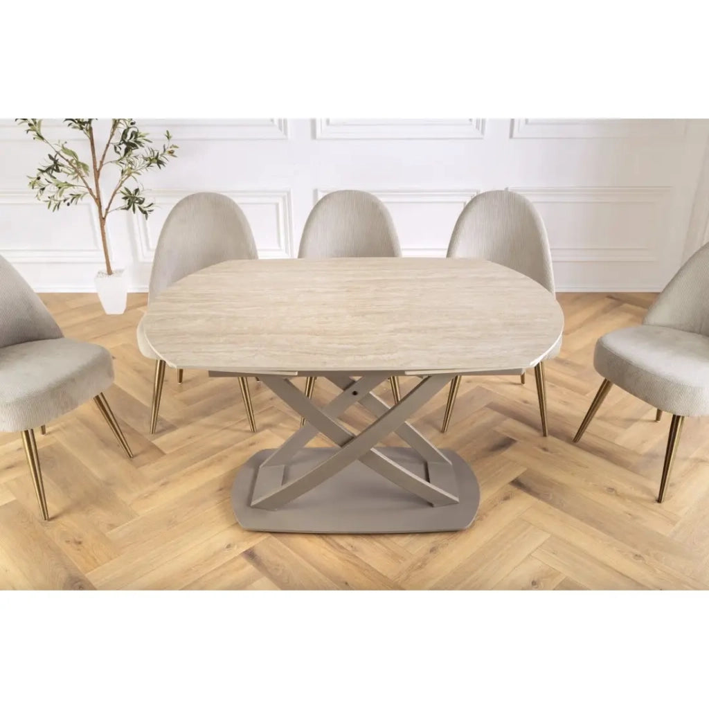 Table ATONIA – Ovale extensible de 130 à 190 cm – Piano in ceramica effetto marmo beige – Gambe in metallo – Stile moderno