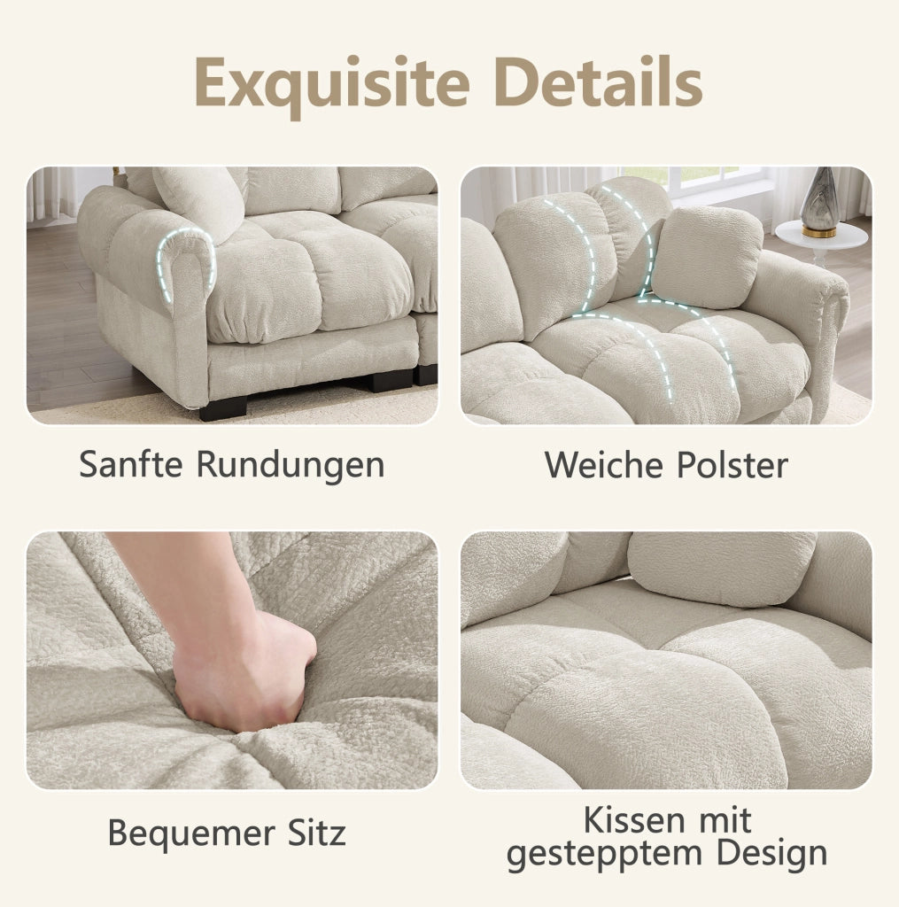Divano 3 posti in chenille color kaki chiaro con 2 cuscini decorativi e design trapuntato
