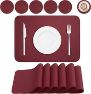 6 Tavoli Placemats - Panno di Pelle in PU Resistenti al Calore - Tavolo Mat Mat - Acqua e Non Slittante - Facile da Pulire - Rosso Vino