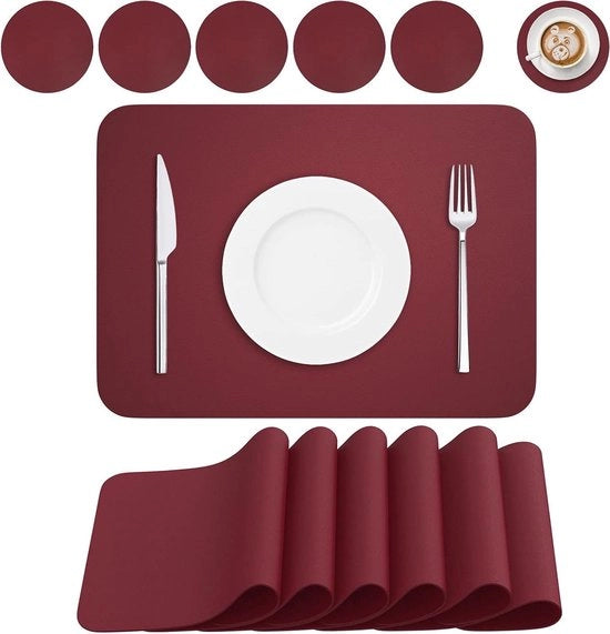 6 Tavoli Placemats - Panno di Pelle in PU Resistenti al Calore - Tavolo Mat Mat - Acqua e Non Slittante - Facile da Pulire - Rosso Vino