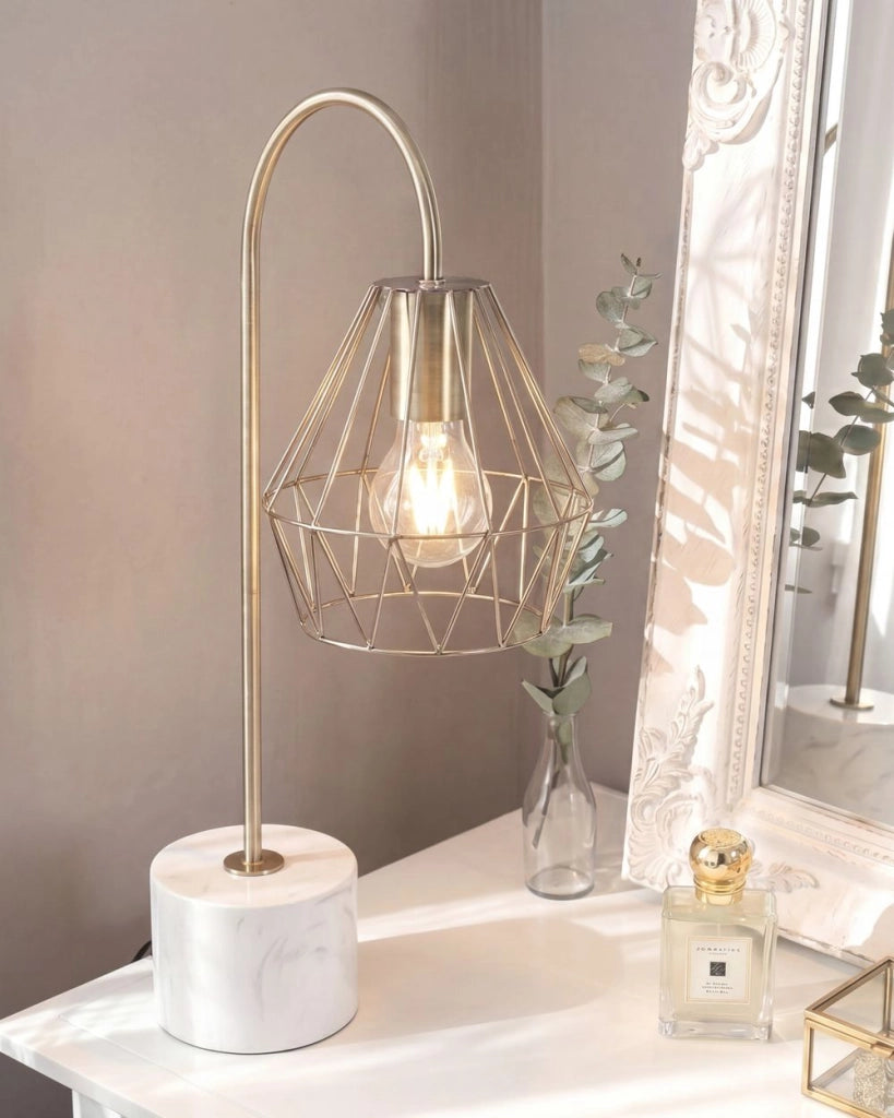 Lampada da Tavolo Lampada da Tavolo Ottone Metallo Diamante Gabbia Paralume Base Rotonda Effetto Marmo