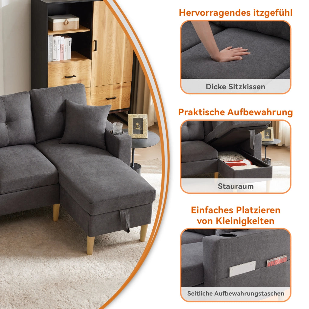 DIVANO angolare con chaise longue 175x129x90 cm grigio scuro in cotone e lino, con contenitore