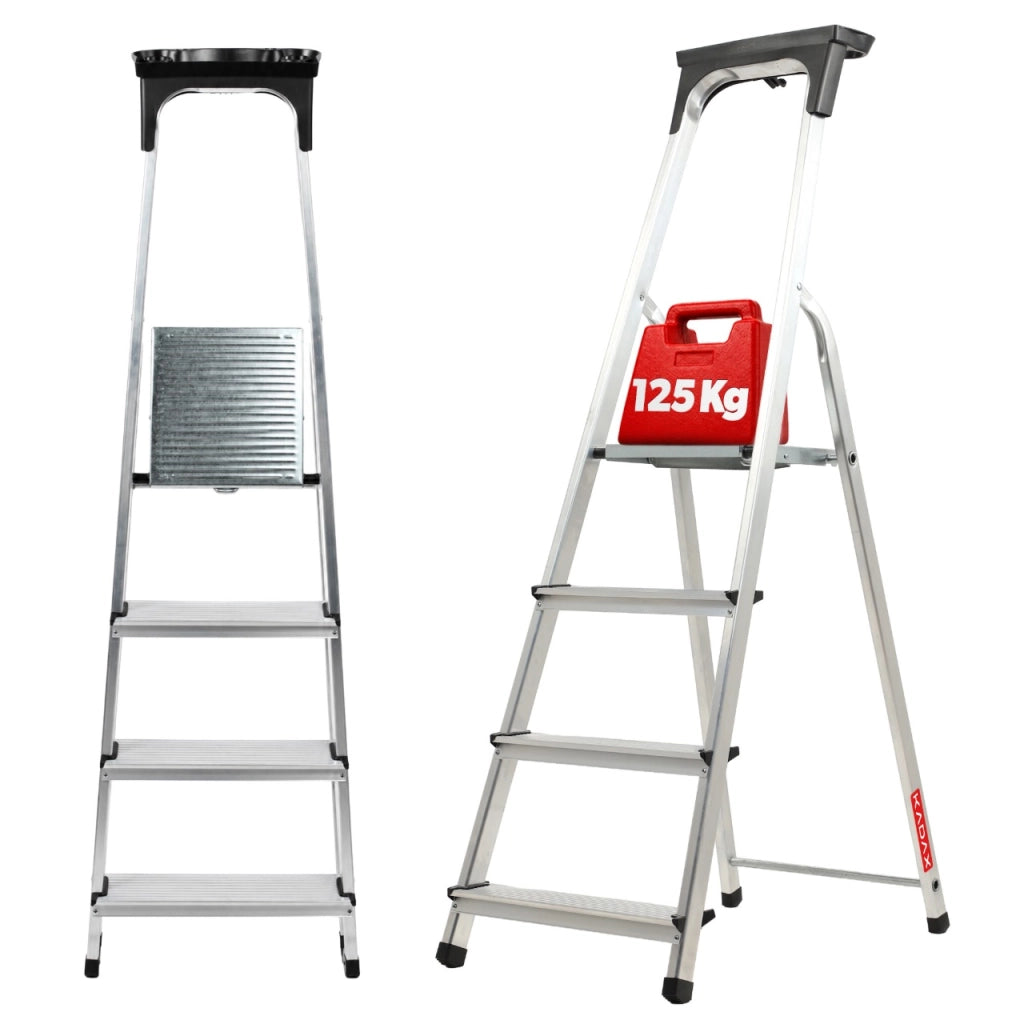 Scala domestica pieghevole in alluminio KADAX a 4 gradini con ripiano, portata massima 125 kg.
