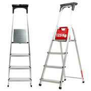 Scala domestica pieghevole in alluminio KADAX a 4 gradini con ripiano, portata massima 125 kg.