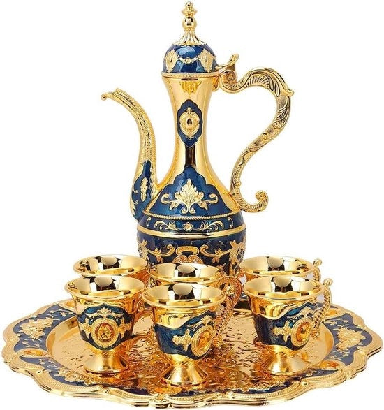 Set da caffè vintage con 6 tazze e foglio per tè, teiera (blu)