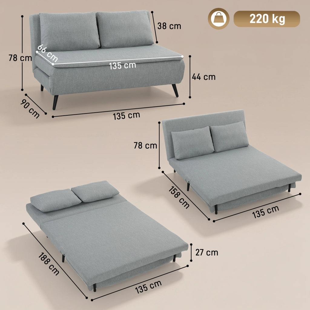 Divano Letto 2 Posti 135x90x78 cm con 2 Cuscini Struttura in Legno e Acciaio in Tessuto Effetto Lino Grigio Chiaro