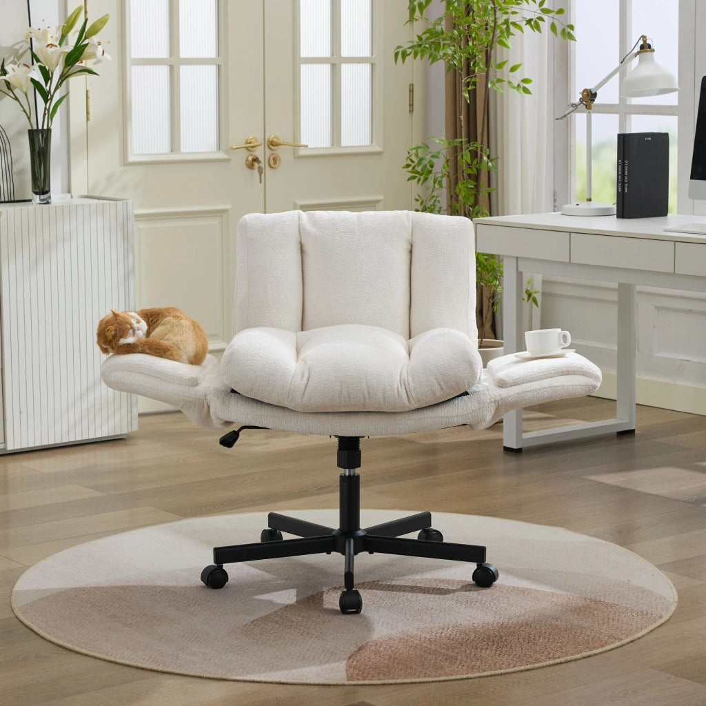 Sedia da ufficio girevole in ciniglia con altezza regolabile e braccioli ribaltabili beige 74 × 53 × 37 cm