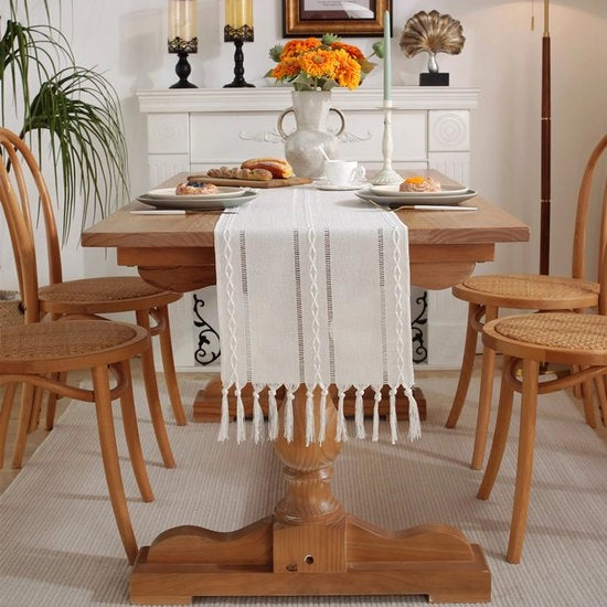 Tavolo da pranzo con tessuto a strisce 33x183cm - Tavolo da pranzo bohemien con decorazione a maglia - Tavolo da pranzo con tessuto jacquard - Tavolo da pranzo con decorazione a pennellini per festa, Natale, cucina, cena, tavola da compleanno