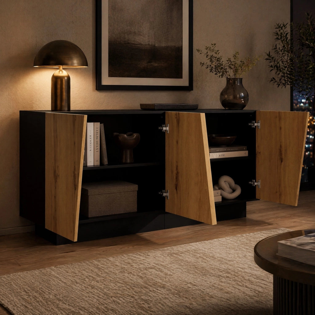 Credenza moderna con ampio spazio contenitore e ripiano regolabile in pannello truciolare nero e legno 160 × 40 × 72 cm