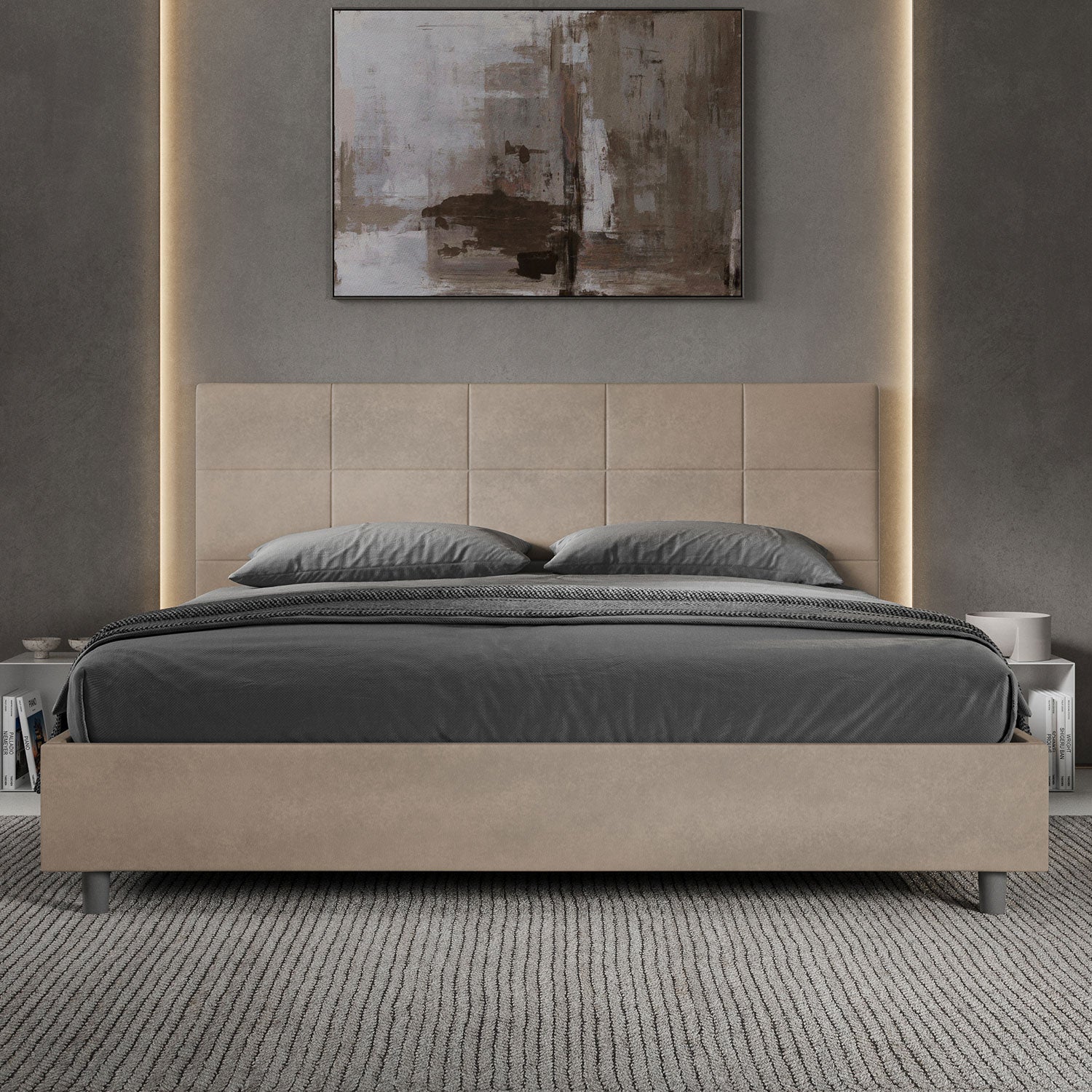 Letto Matrimoniale King Size 200x210 cm con Rete e Contenitore Imbottito in Microfibra Mika Sabbia