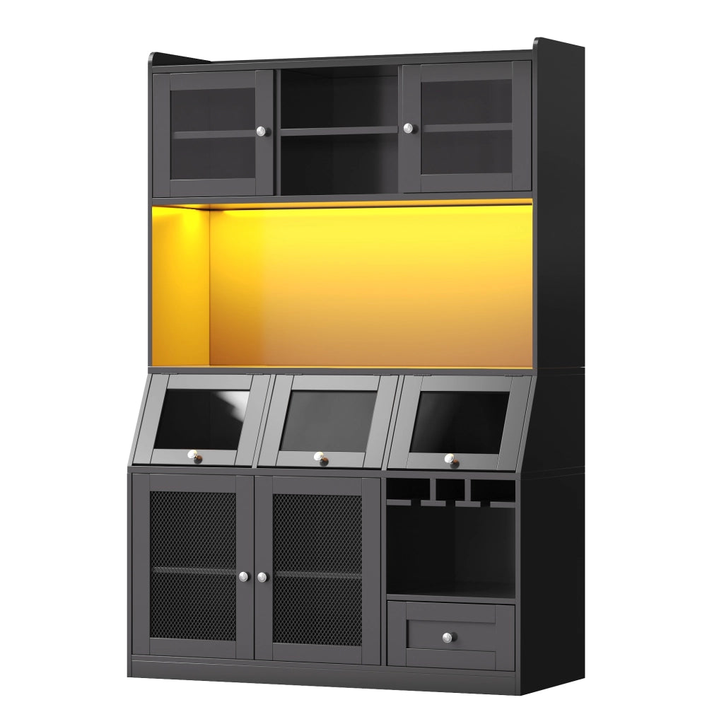 Dispensa da cucina con anta in vetro; LED e USB; per cucina; in MDF; 120x40x181.7 cm; nero