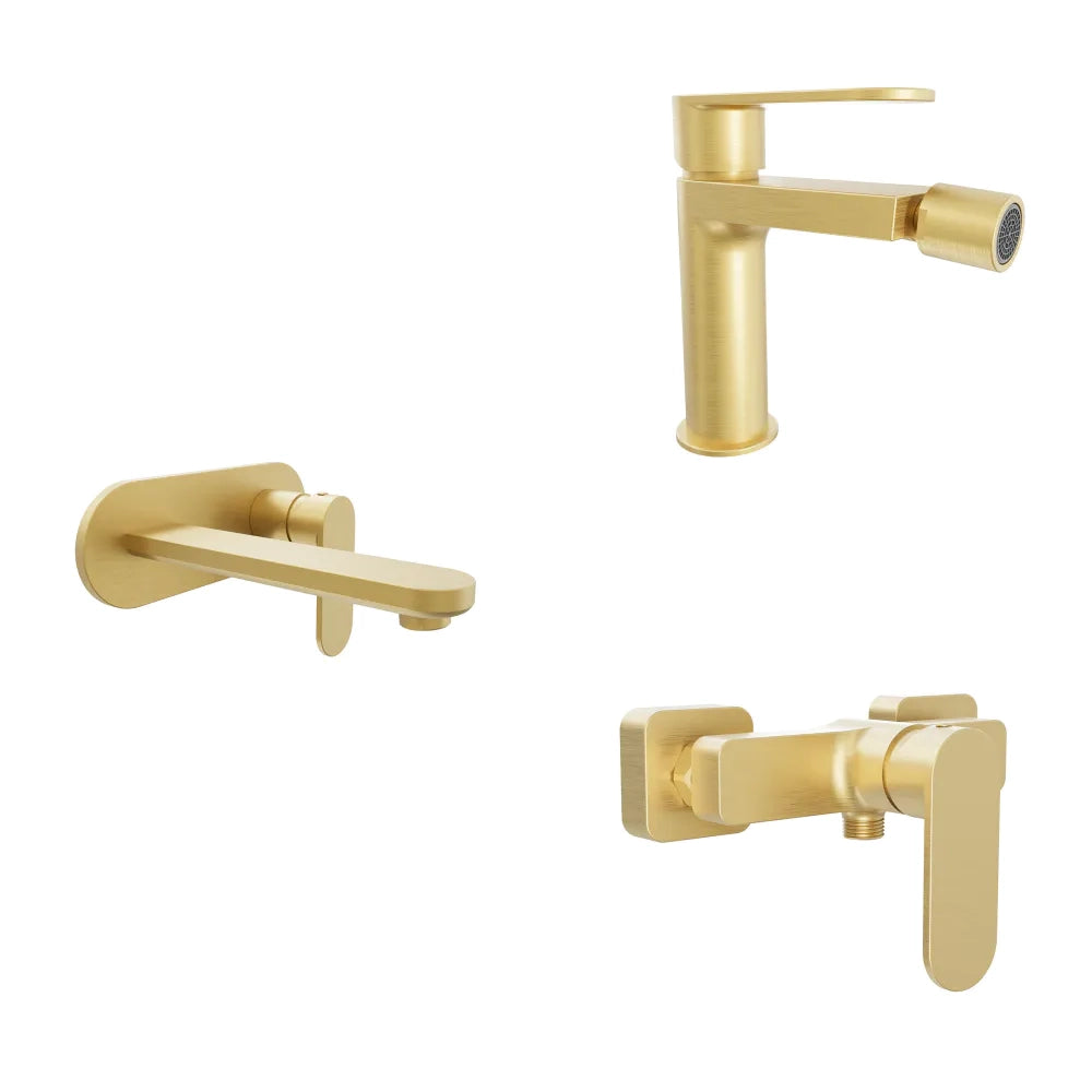 Set miscelatori lavabo ad incasso placca stondata bidet miscelatore esterno doccia oro spazzolato | Margot