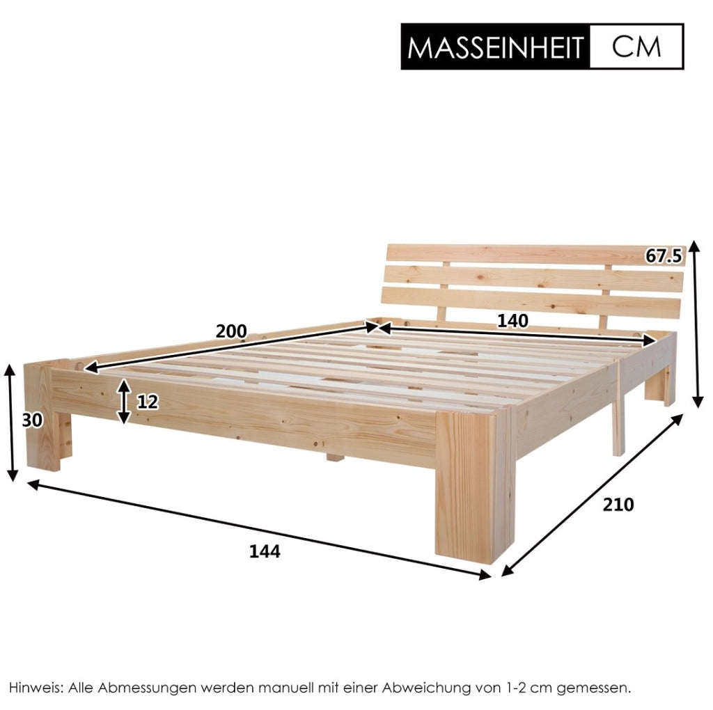 Letto matrimoniale 140x200 cm in legno massello di pino; colore naturale; con rete a doghe