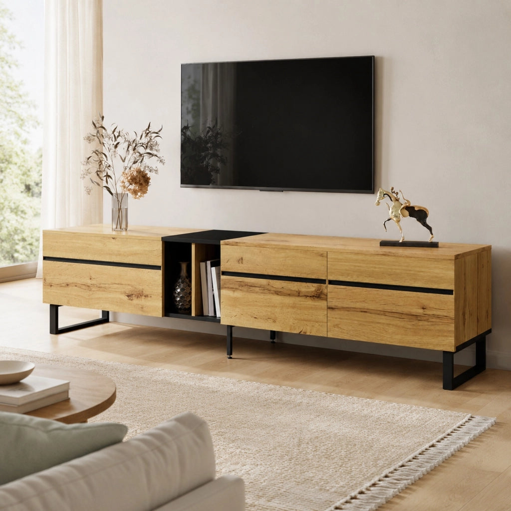 Mobile TV basso moderno 180 cm con vano a ribalta, ripiani aperti e ante