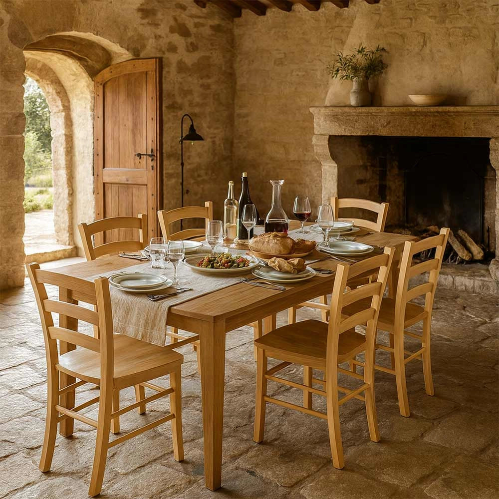 Sedia da sala da pranzo Venezia in legno massiccio naturale con seduta massello