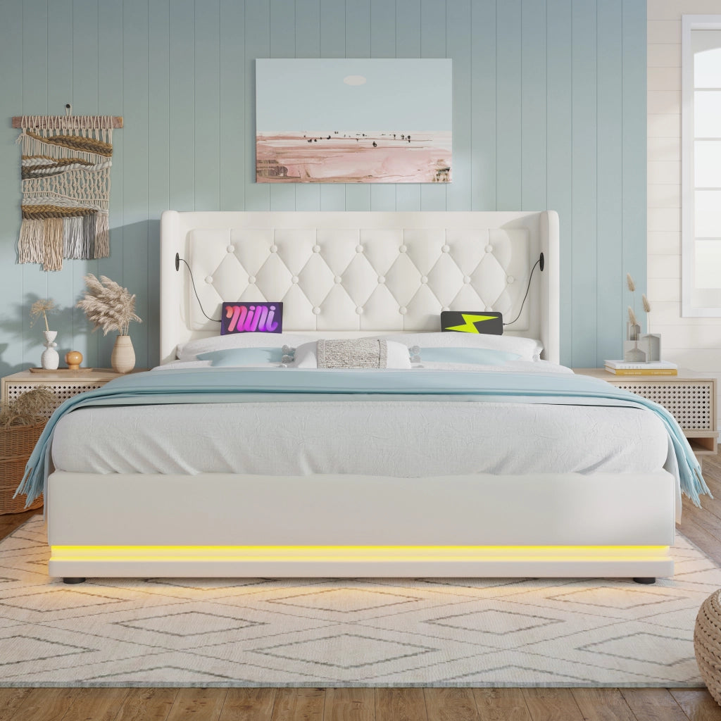 Letto matrimoniale 180x200 cm in PU bianco con contenitore, LED a 3 lati, USB e Type-C, senza materasso
