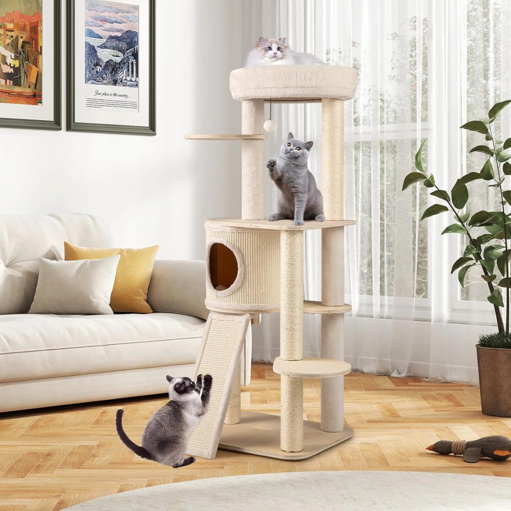 Albero per Gatti, Tiragraffi per Gattini in Legno Alto 143 cm con 2 Posti per Grattare in Sisal, Condominio, Piattaforma, Giocattolo Sospeso e Cuscino Lavabile, Mobile Moderno per Arrampicata