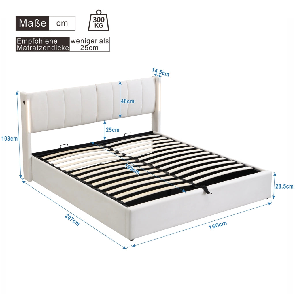 Letto matrimoniale 160x200 cm imbottito con LED; USB ricaricabile; contenitore e testiera regolabile; bianco