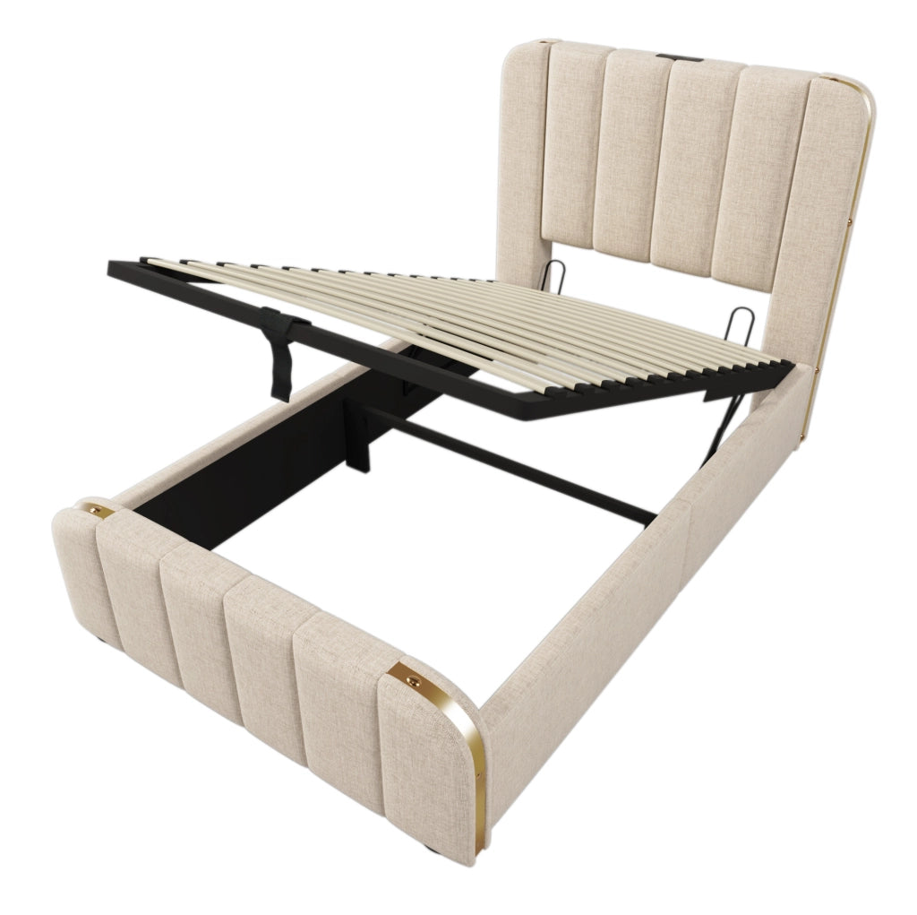 Letto singolo contenitore idraulico con USB e Type-C 90x200 cm; lino beige