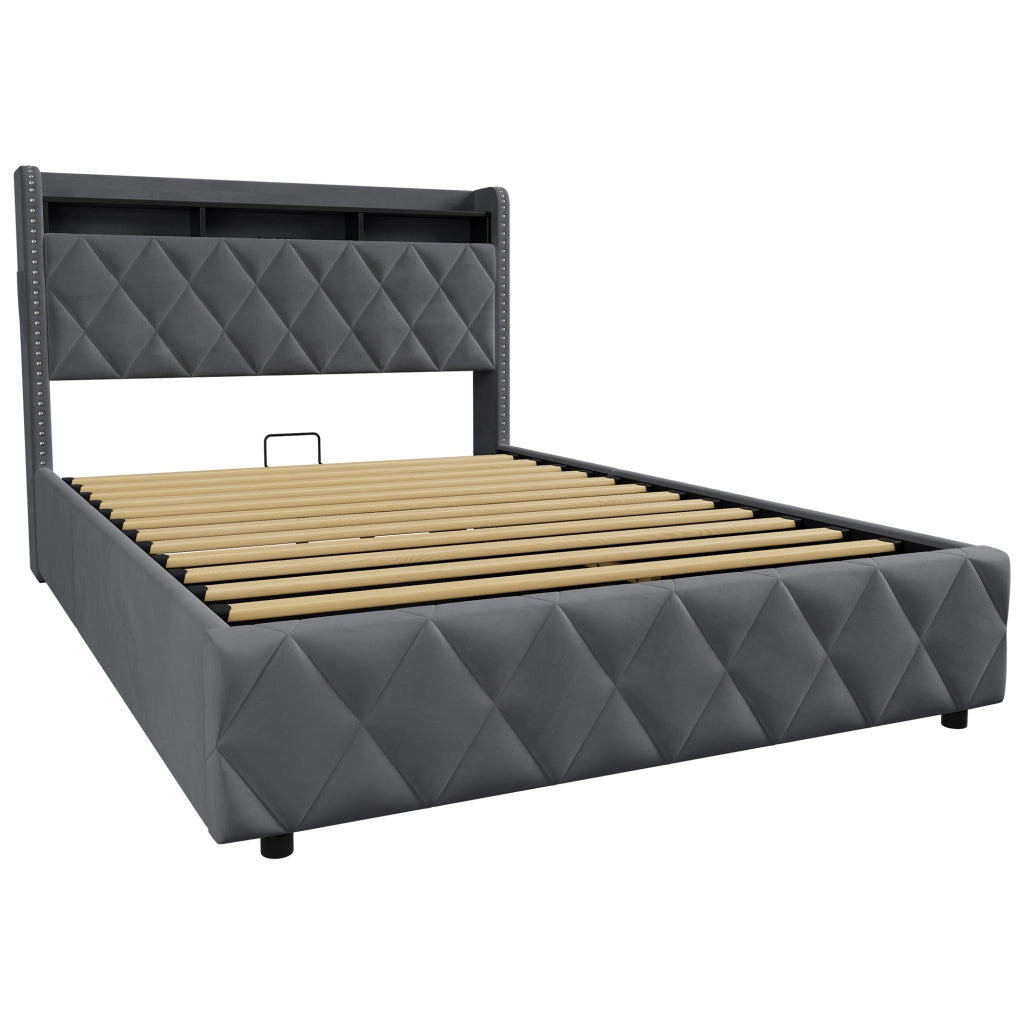 Letto imbottito 140x200 cm grigio scuro in velluto con contenitore, LED e porte USB