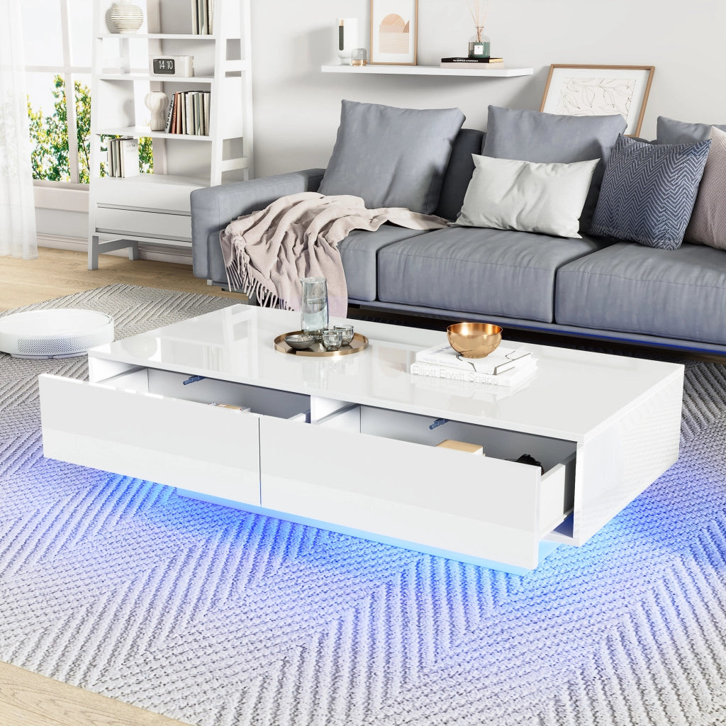 Tavolino da caffè 115x55x34 cm; LED integrata e 2 cassetti; finitura lucida; truciolare bianco