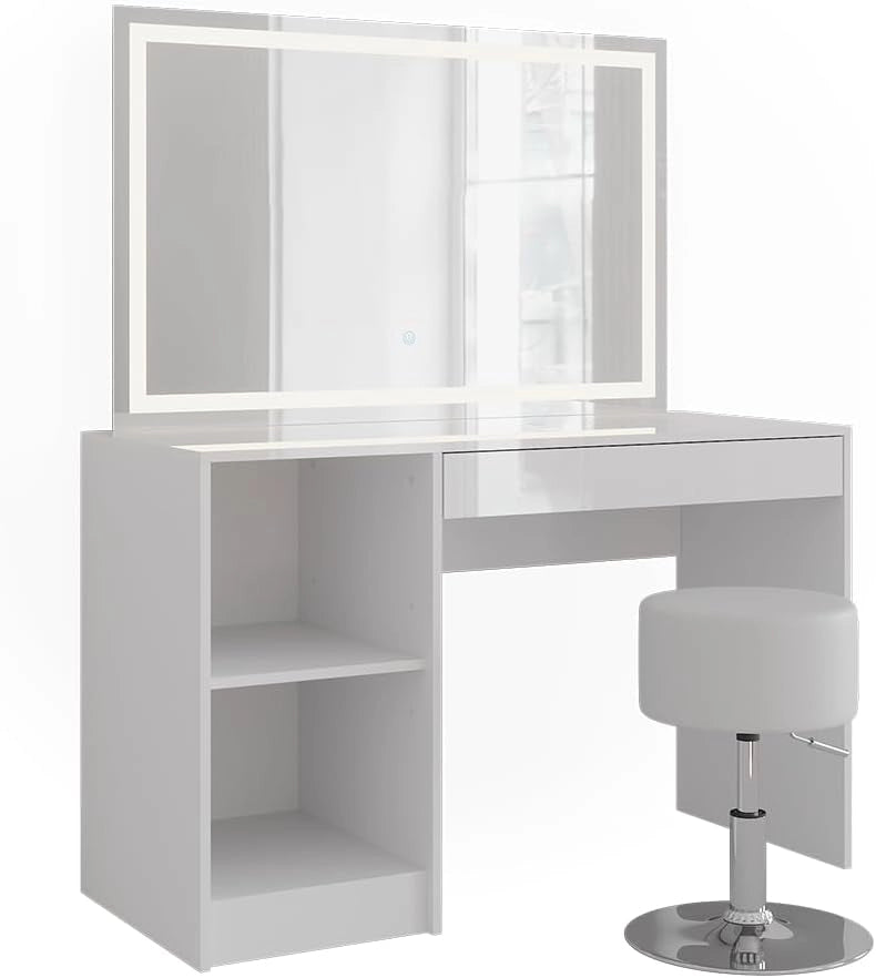 Tavolo da toeletta Sherry, Bianco/bianco lucido, 119.8 cm con illuminazione a LED e sgabello, adatto per l'uso quotidiano in camera da letto o cabina armadio