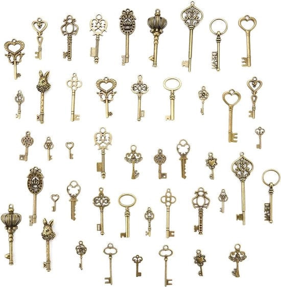 Decorazione con chiave in stile antico, grande, in acciaio laminato, con finitura oro antico e argento antico, per artigianato di gioielleria.
