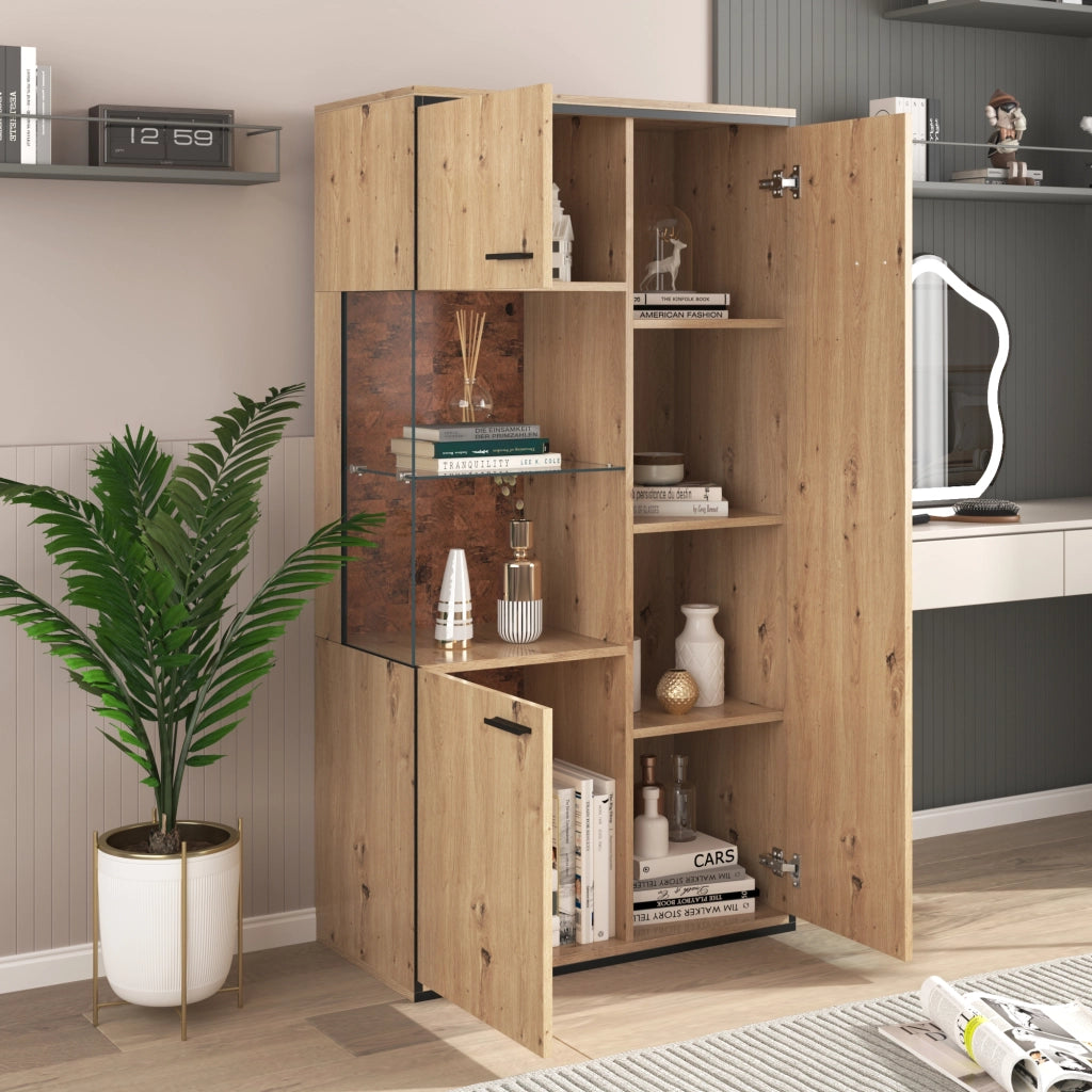 Vetrina con 1 Anta in Vetro; 3 Ripiani Regolabili e LED 15 Colori; Stile Moderno; in MDF; Naturale; 77;5¡Á40¡Á150 cm