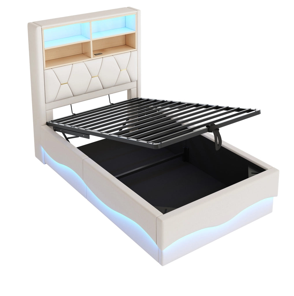 Letto multifunzione per bambini e ragazzi 90x200 cm con LED; USB e contenitore; beige