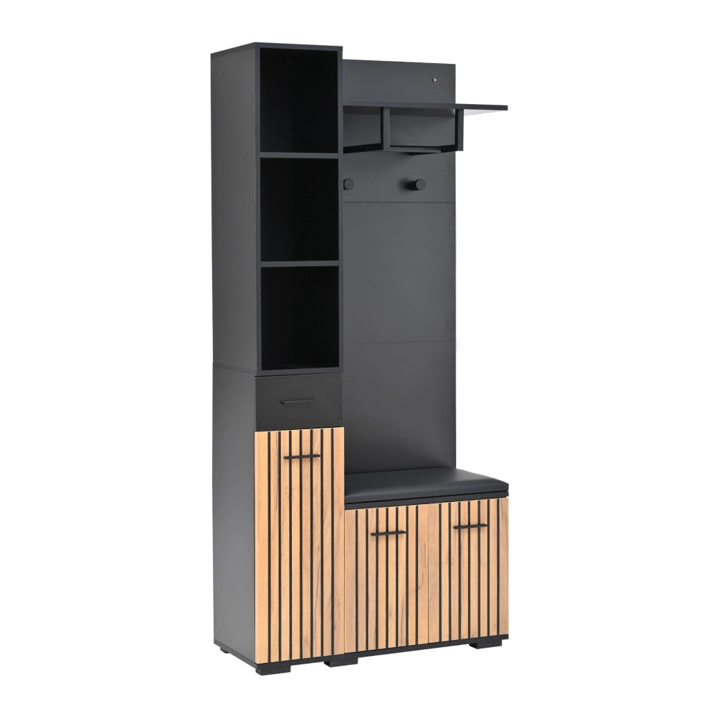 Mobile ingresso multifunzione 80 x 35 x 175 cm con 2 armadi; 1 cassetto; nero e legno naturale