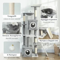 Albero Tiragraffi per Gatti con 2 Casette, Rampa, Trespoli e 4 Palline, 48x40x165 cm, Grigio e Bianco