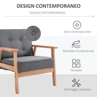 Poltrona Stile Scandinavo Imbottita e Trapuntata a Bottoni in Tessuto e Legno, 64.5x70x74cm, Grigio
