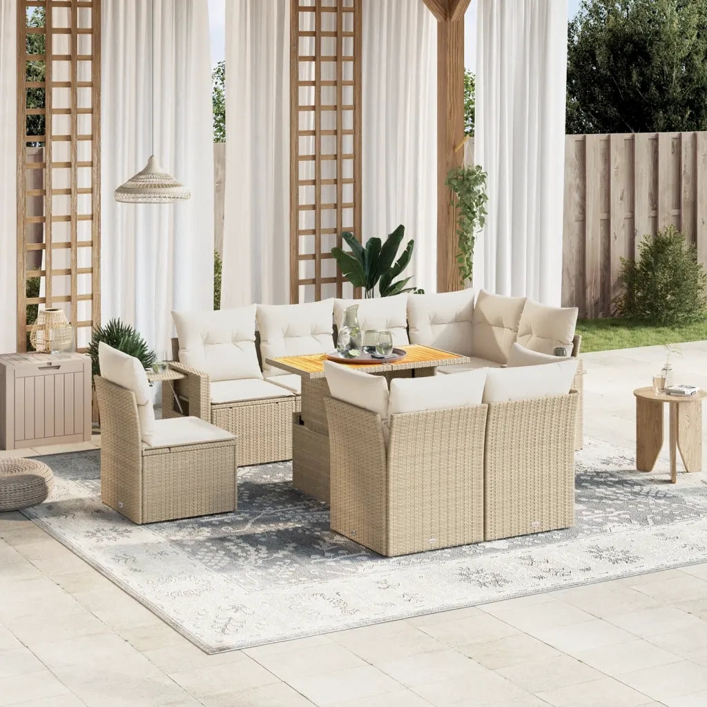 Set Divano da Giardino 9 pz con Cuscini Beige in Polyrattan