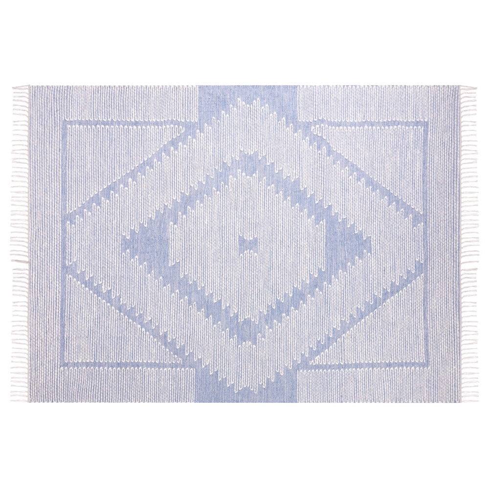 Tappeto in cotone e lana con nappe bianco blu 140 x 200 cm soggiorno camera da letto