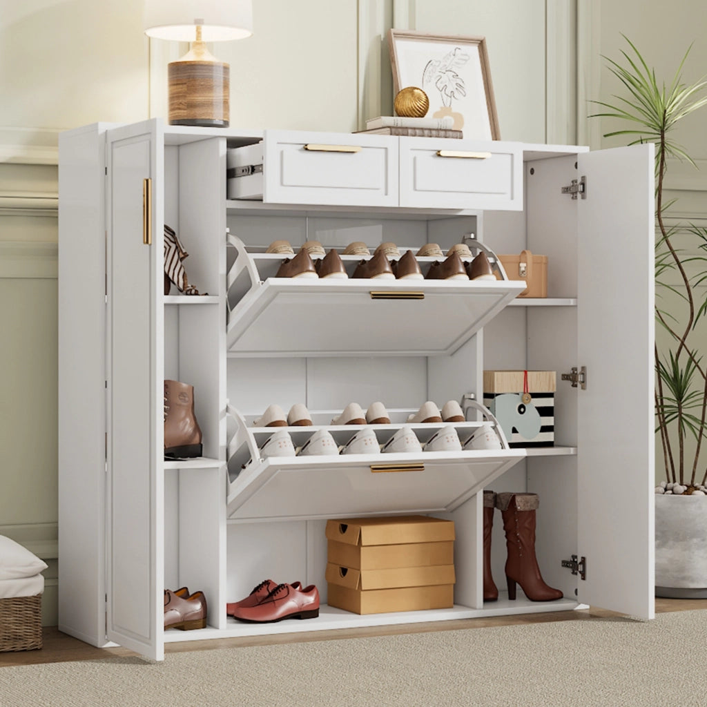 Scarpiera con 2 cassetti, ripiani regolabili e vani aperti, in MDF e truciolare, per ingresso, bianco, 120 × 24 × 107 cm