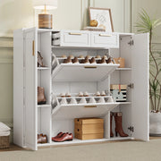 Scarpiera con 2 cassetti, ripiani regolabili e vani aperti, in MDF e truciolare, per ingresso, bianco, 120 × 24 × 107 cm