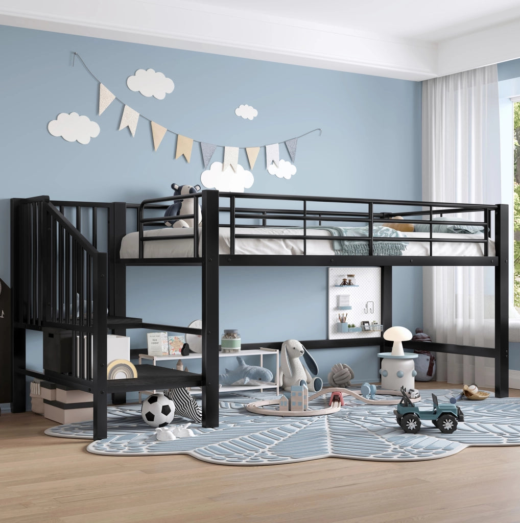 Letto a soppalco 90x200 cm con scala contenitore in metallo e MDF nero