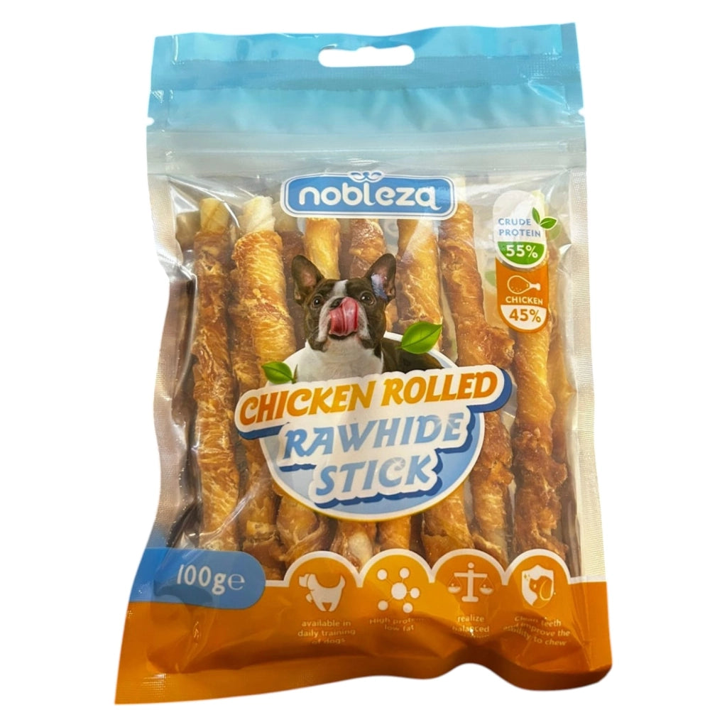 CIBO PER CANI BASTONCINI DI PELLE DI BOVINO AVVOLTI DA POLLO 100GR