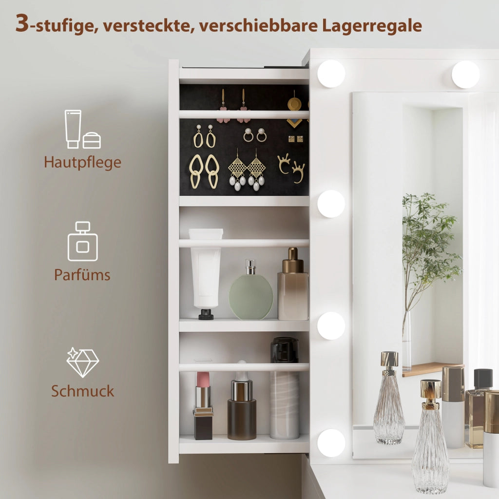 Tavolo da trucco con specchio e 12 luci LED, cassettiera con 7 cassetti e 6 scomparti nascosti ¨C zephmum ¨C Bianco