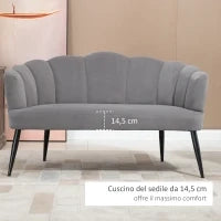 Divano 2 Posti in Velluto con Gambe in Metallo e Schienale a Conchiglia, 132x66x80cm, Grigio