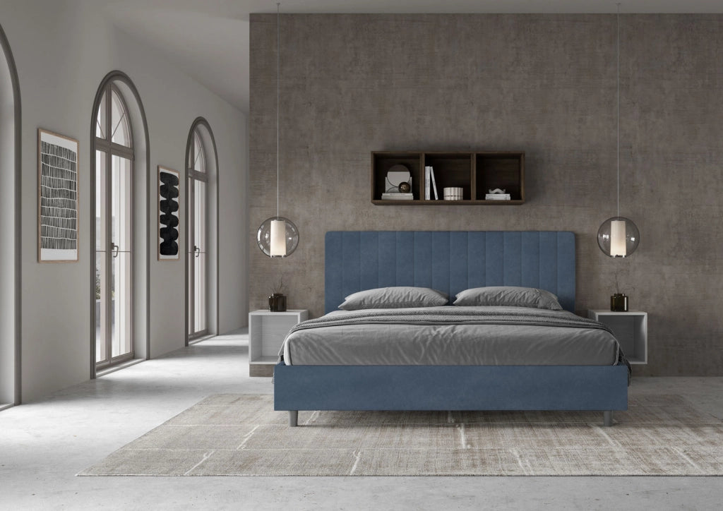BS COM Letto matrimoniale king size contenitore imbottito 180x190 microfibra blu