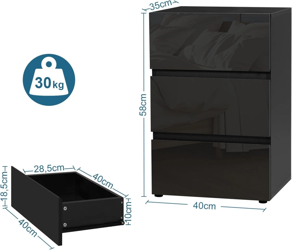 Comodino per Camera da Letto, Mobiletto Nero con 3 Cassetti, Cassettiera Piccola Salvaspazio in Legno, con Guide Metalliche, Design Moderno, 40x35x62cm, 0014CTG