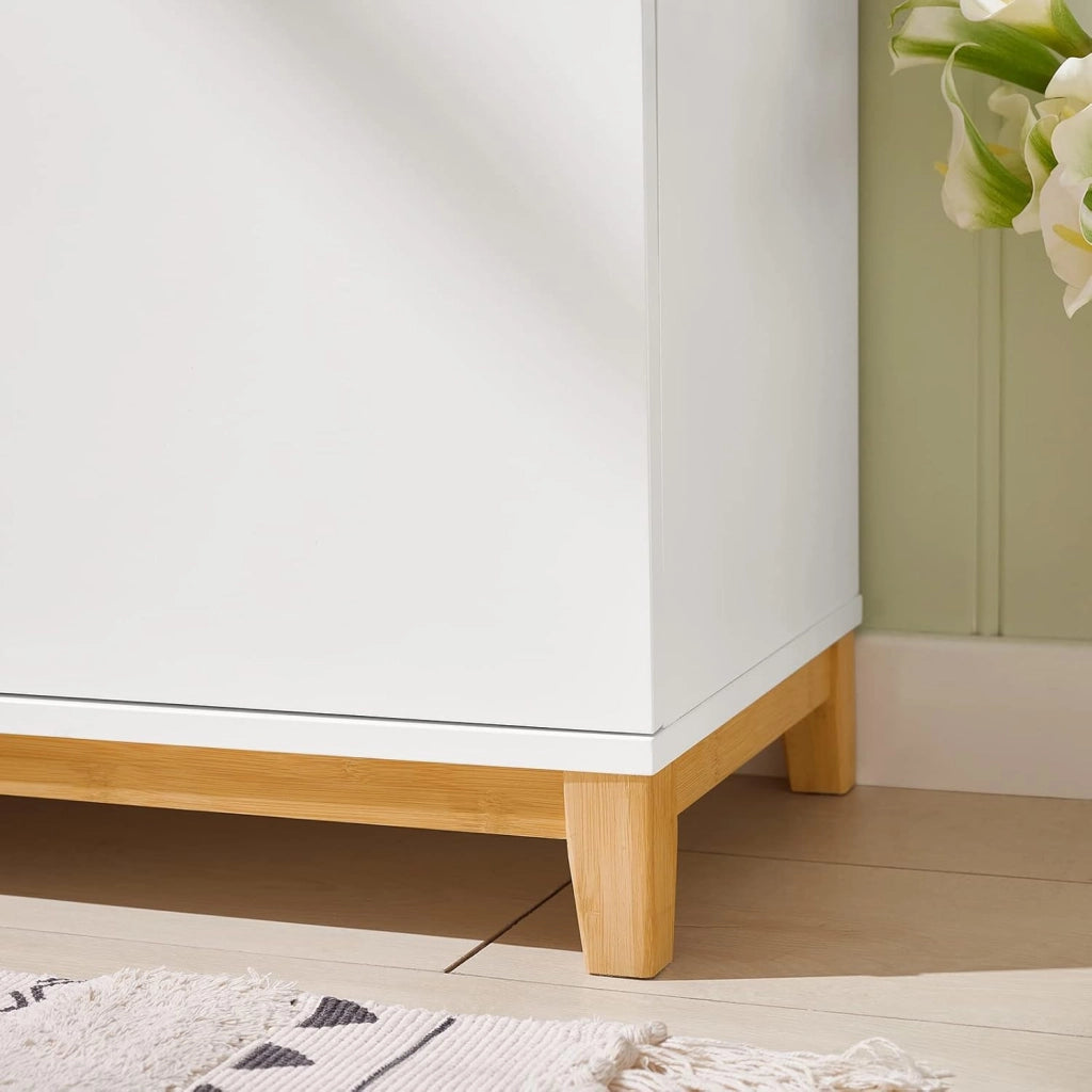 Panca Scarpiera Ingresso con Seduta, Cassapanca Contenitore da Interno con 2 Ante, in Legno ingegnerizzato + Bambù 90x34x46cm Bianco FSR117-W