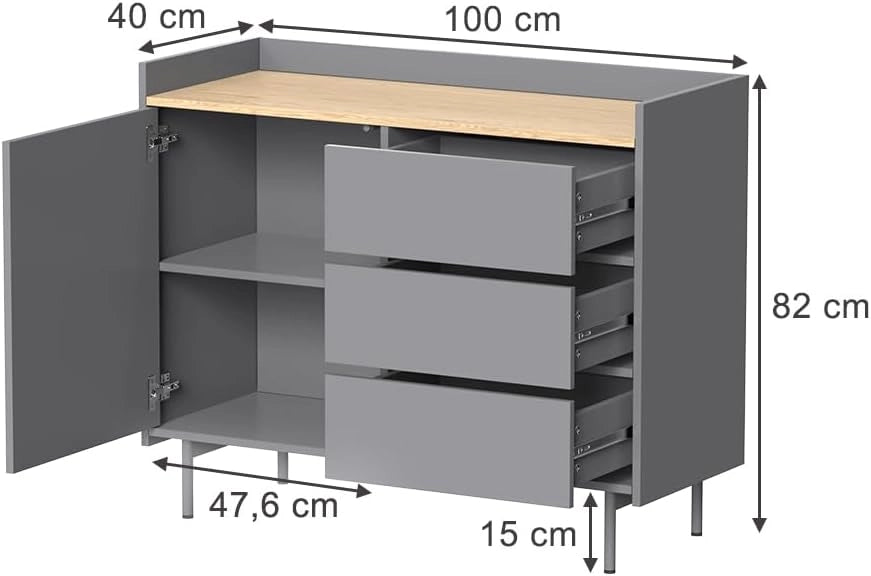Cassettiera per camera da letto Velina, Grigio, 100 x 82 cm con 3 cassetti e 1 anta, per riporre abiti e oggetti di uso quotidiano