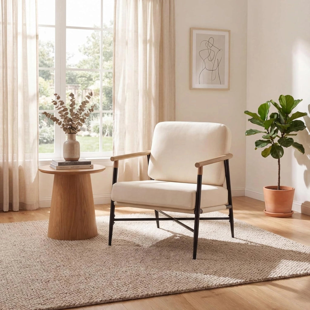 Poltrona Salotto Imbottita, Sedia da Lettura, Relax, Poltroncina con Braccioli, Schienale e Cuscini, per Soggiorno, Camera da Letto, Sala Attesa, Moderno e Comodo, 67 X 73 X 88 CM (Beige)