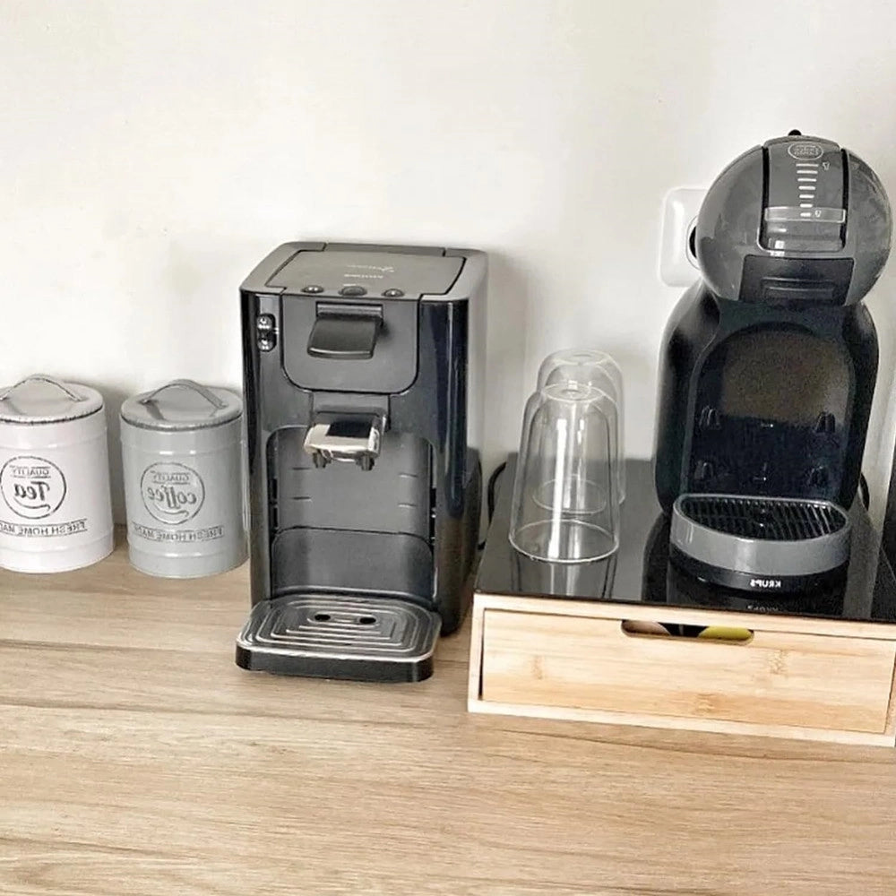 Trade Shop - Portacapsule Bambù Con Cassetto 4 Scomparti Organizzatore Capsule Cialde Caffè Tisane Tè -