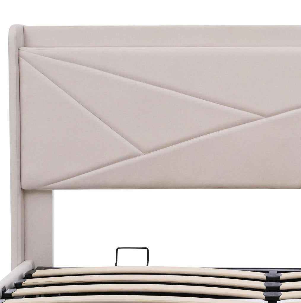 Letto matrimoniale 140x200 cm con contenitore, testiera USB e Type-C, beige