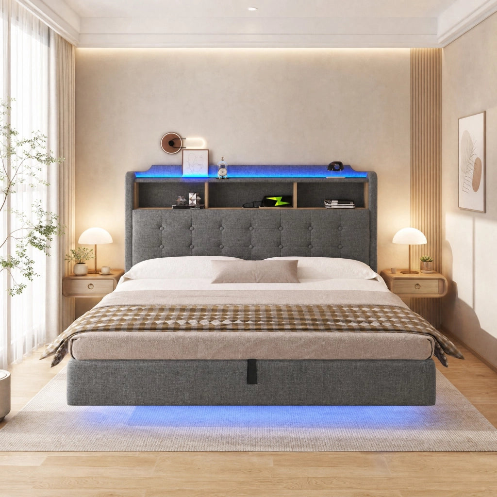 Letto matrimoniale imbottito 180x200 cm in lino grigio con LED; contenitore idraulico e USB