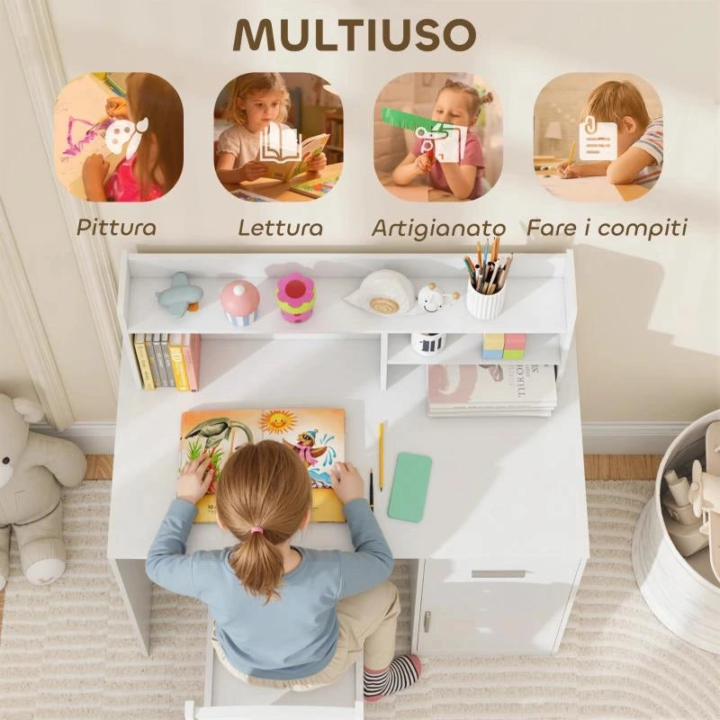 SCRIVANIA PER BAMBINI CON SCAFFALI, ARMADIETTO, CASSETTO E SEDIA PER BAMBINI ABBINATA IN MDF BIANCO